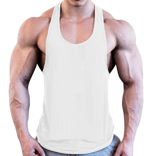 ZUEVI Men’s Stringer Tank Tops Y-Back Bodybuilding Muscle Cut T-Shirts Gym Fitness Tee Shirts(White-M)