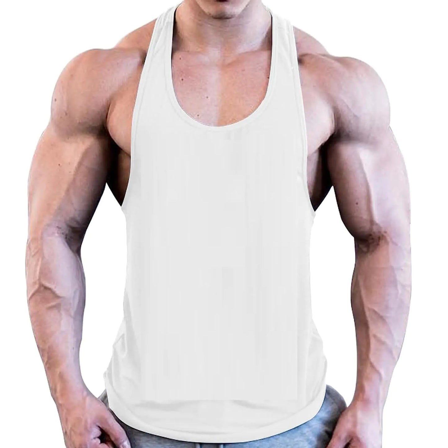 ZUEVI Men’s Stringer Tank Tops Y-Back Bodybuilding Muscle Cut T-Shirts Gym Fitness Tee Shirts(White-M)